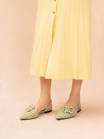 PAZZION, Sofie Tweed Diamante Buckle Slingback Flats, Lightgreen